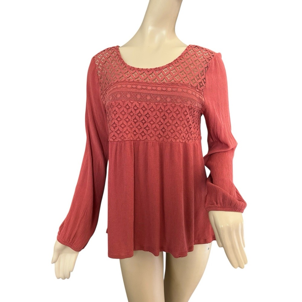 Artesia Crinkle Cut Lace‎ Blouse Top Large Boho Cinnamon Rust Lace Embroidered